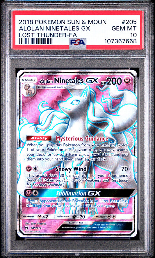 2018 POKEMON SUN & MOON LOST THUNDER #205 ALOLAN NINETALES GX LOST THUNDER-FA PSA 10