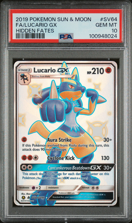 2019 POKEMON SUN & MOON HIDDEN FATES #SV64 FA/LUCARIO GX HIDDEN FATES PSA 10